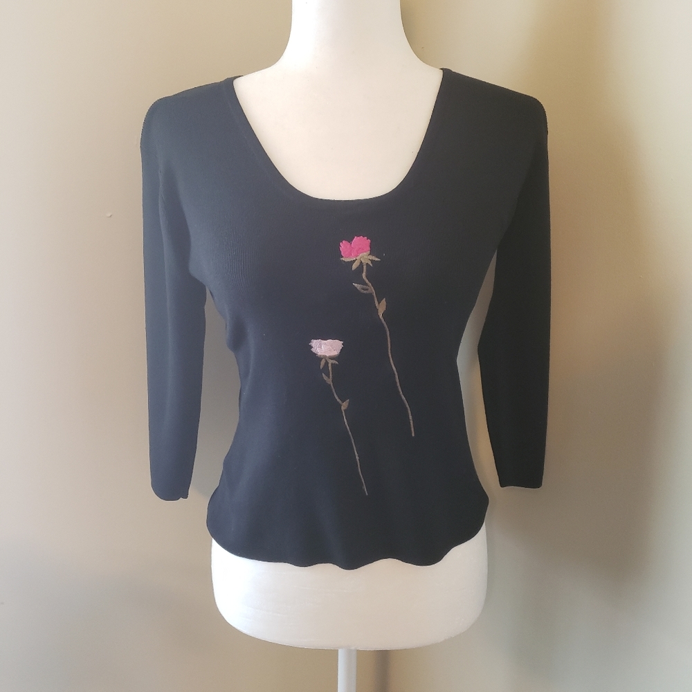 Joseph A. floral embroidered black silk sweater
